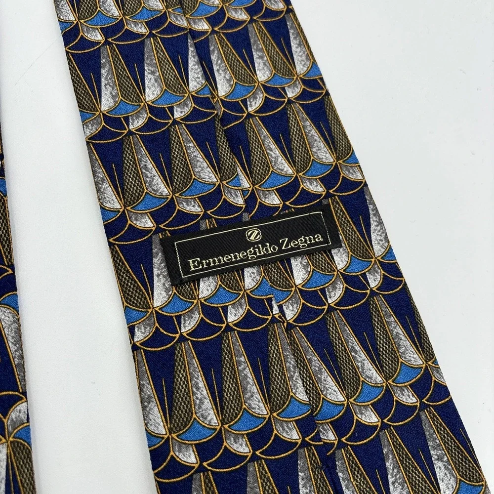 ERMENEGILDO ZEGNA 100% Silk Neck Tie LUXURY Tie‎ Blue Yellow Peacock Feather